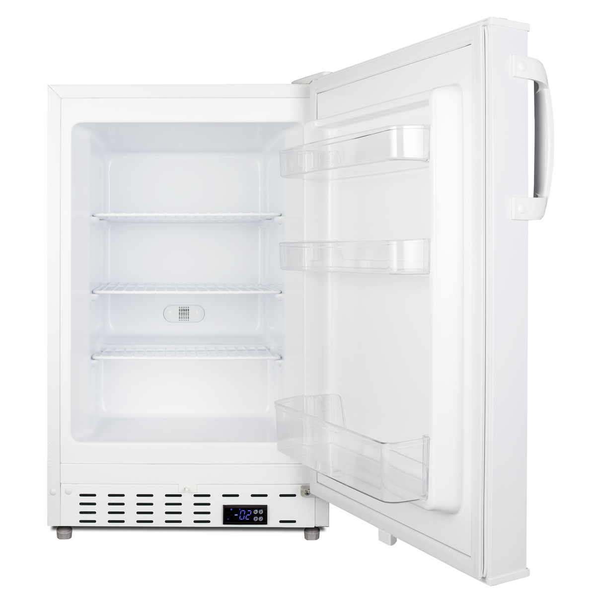 Built-in undercounter ADA compliant residential all-freezer in white with door storage and manual defrost operation